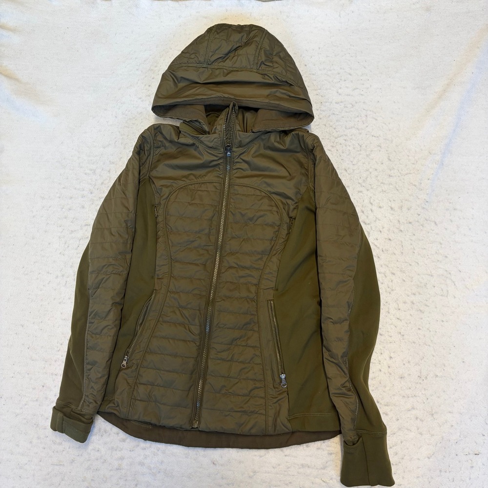 Lululemon Down For It All Jacket Womens 8 Olive Green Quilted Hooded Puffer